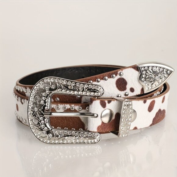 Western Cow Print Belt with Rhinestone Buckle – Black & White main image 5